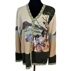 Vintage Storybook Knits Womens Cardigan Sweater Large Tan Green Gauguin Sequins